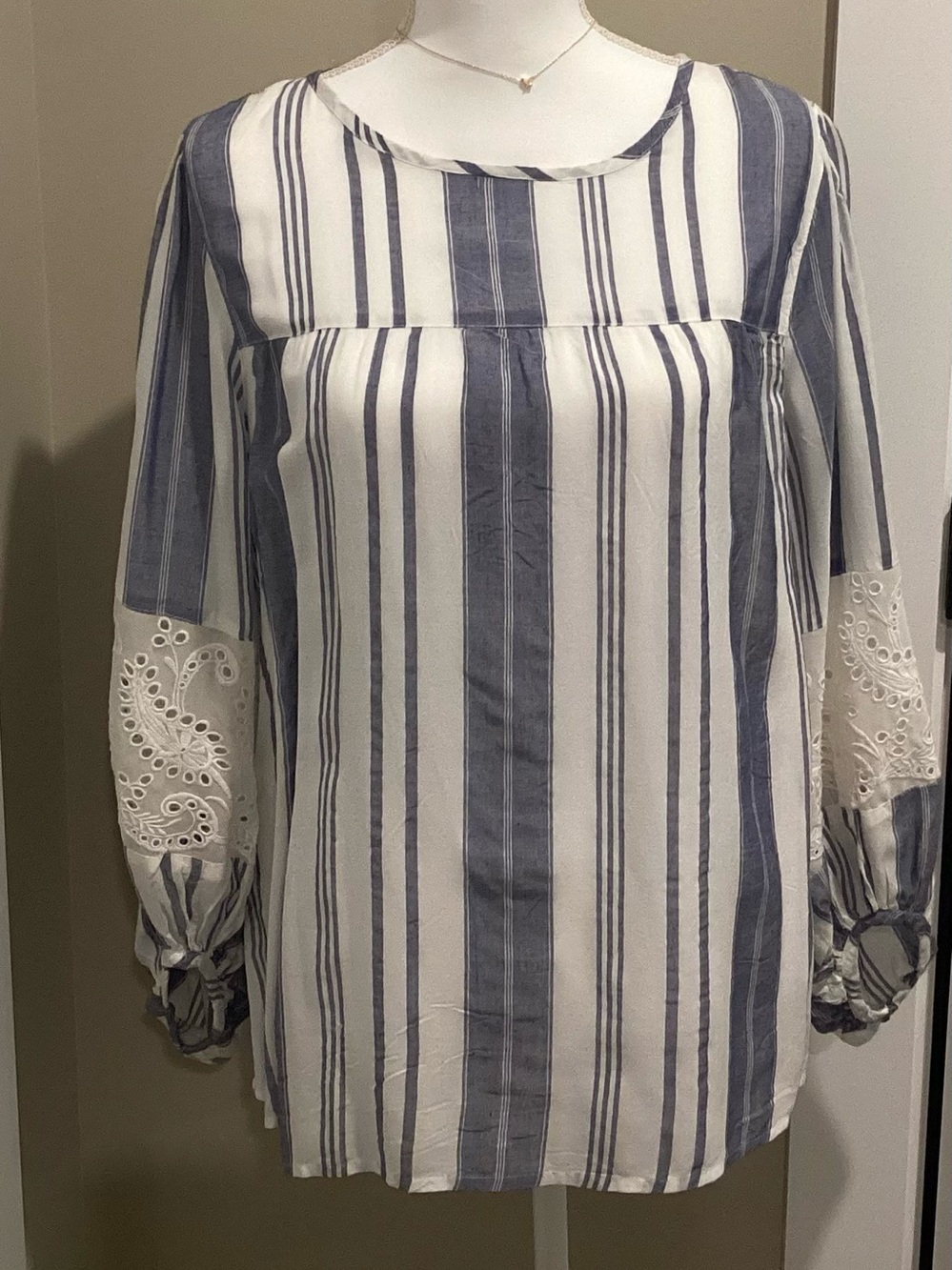 Blue Rain Navy & White Striped Peasant Blouse